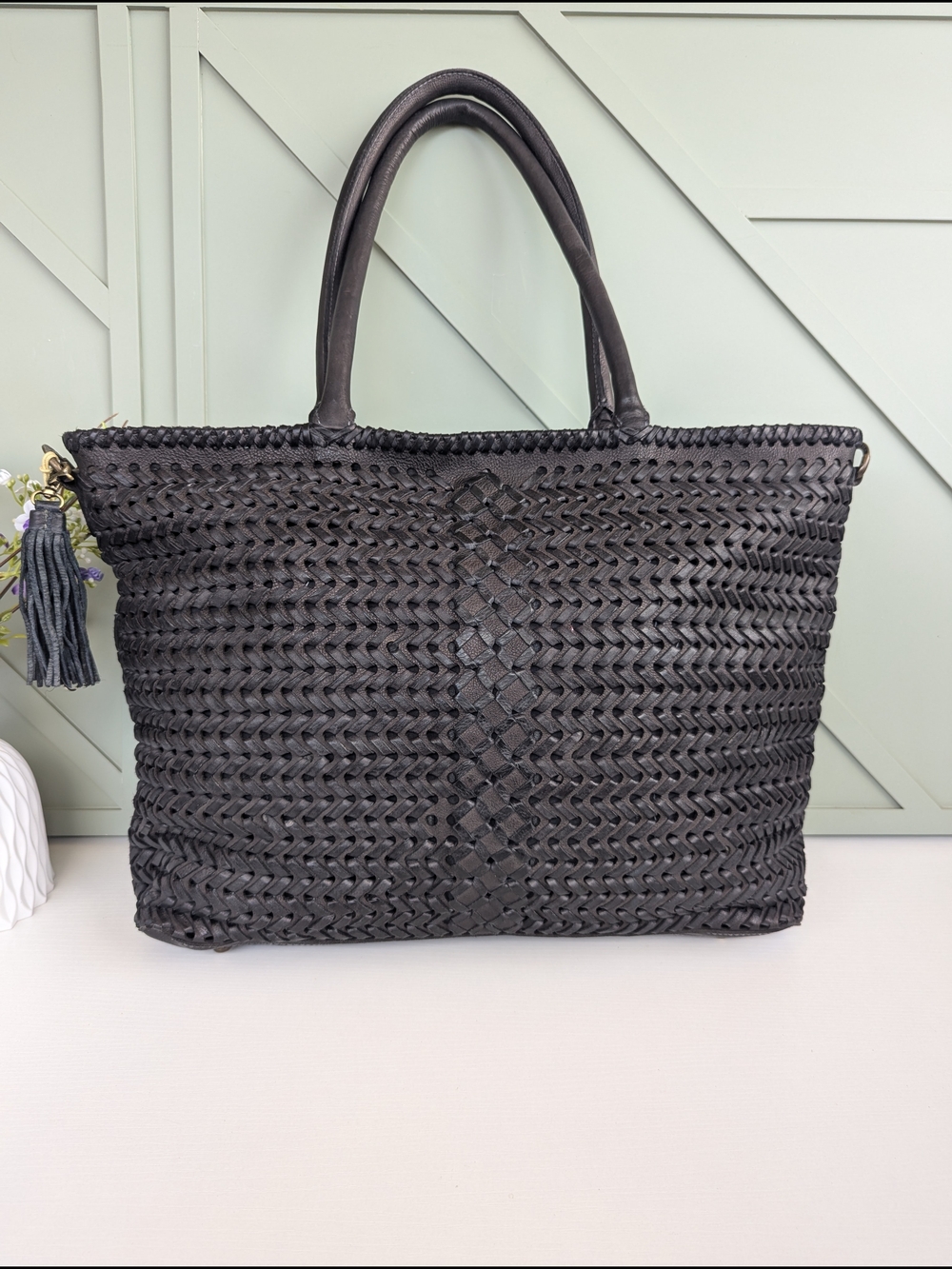 Woven Leather Tote Bag - Black Braided Design - Picture 6 of 16